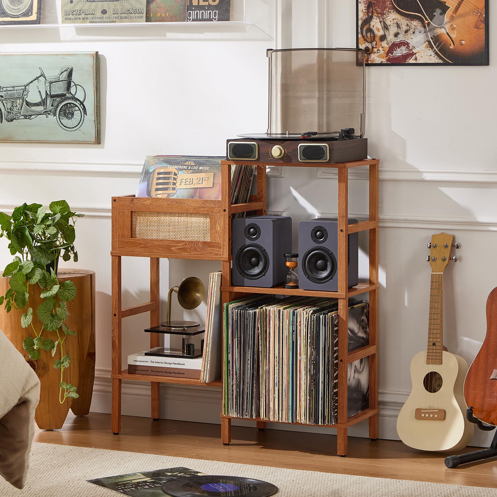 LELELINKY Record Player Stand, Vintage Walnut Wood Record Holder with Vinyl Storage Holds up to 300+ Albums, 3-Tier Rattan Media Table with Vinyl Display Shelf, Record Storage Cabinet for Living Room