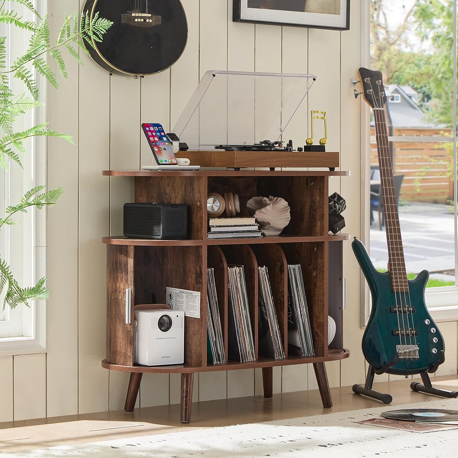 LELELINKY Large Arched Record Player Stand with Charging Station & Fluted Display Shelf,Mid Century Modern Turntable Cabinet with Vinyl Storage,Round Wood Record Player Table for Living Room,Brown