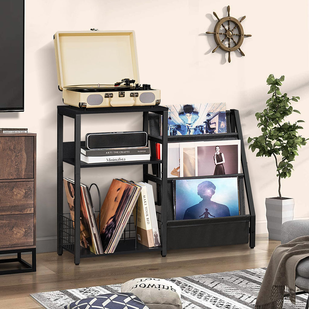 LELELINKY Record Player Stand, Black Adjustable Guitar Stand for Acoustic Guitar, Electric Guitar, Bass, Turntable Stand with Vinyl Display Shelf Storage Up to 150 Albums, End Table for Music Room