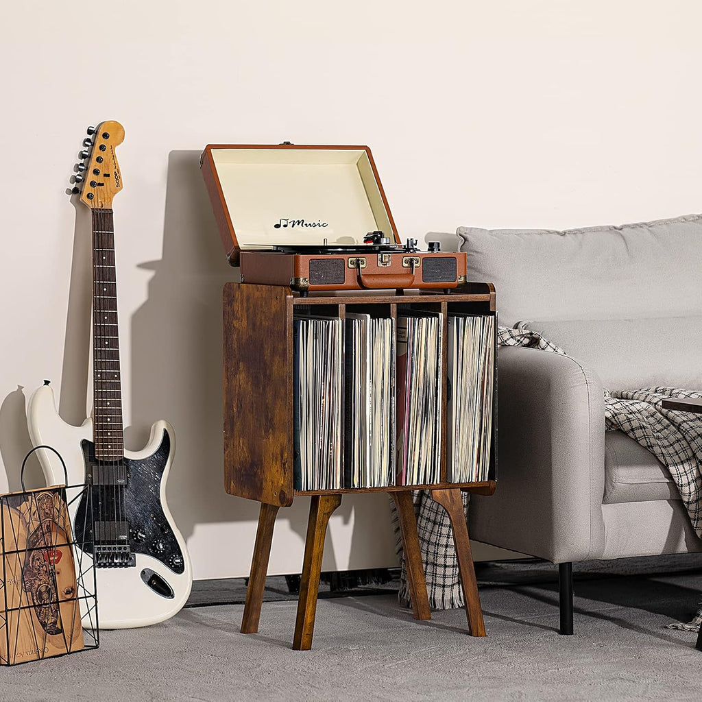 LELELINKY Small Record Player Stand - Width 11.7 in, Brown Vinyl Record Storage Table with 4 Cabinet Up to 80 Albums, Vinyl Holder with Wood Legs,Turntable Stand Display Shelf for Bedroom Living Room
