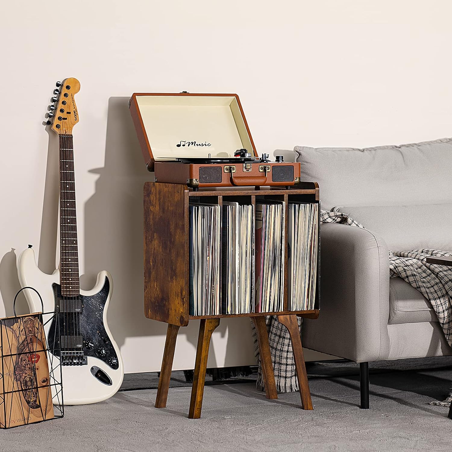 LELELINKY Small Record Player Stand - Width 11.7 in, Brown Vinyl Record Storage Table with 4 Cabinet Up to 80 Albums, Vinyl Holder with Wood Legs,Turntable Stand Display Shelf for Bedroom Living Room