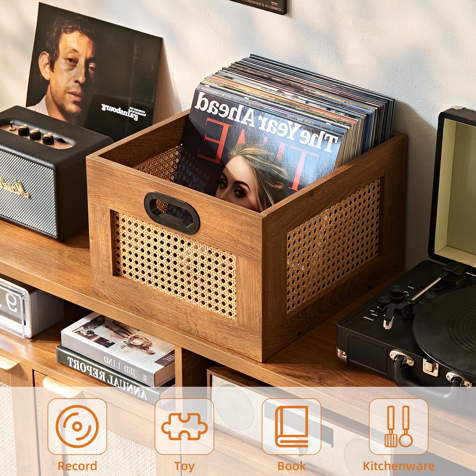 LELELINKY 2 Pack Vinyl Record Storage Crates, Rattan Vinyl Record Holder