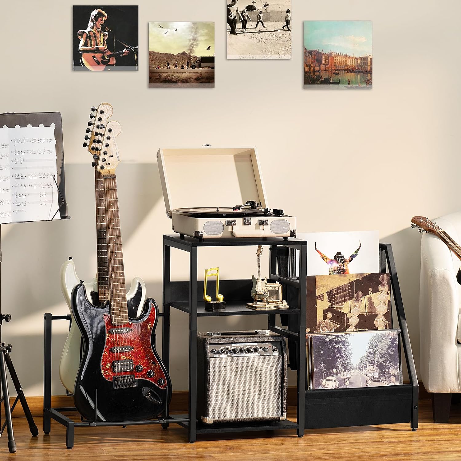 LELELINKY Record Player Stand, Black Adjustable Guitar Stand for Acoustic Guitar, Electric Guitar, Bass, Turntable Stand with Vinyl Display Shelf Storage Up to 150 Albums, End Table for Music Room
