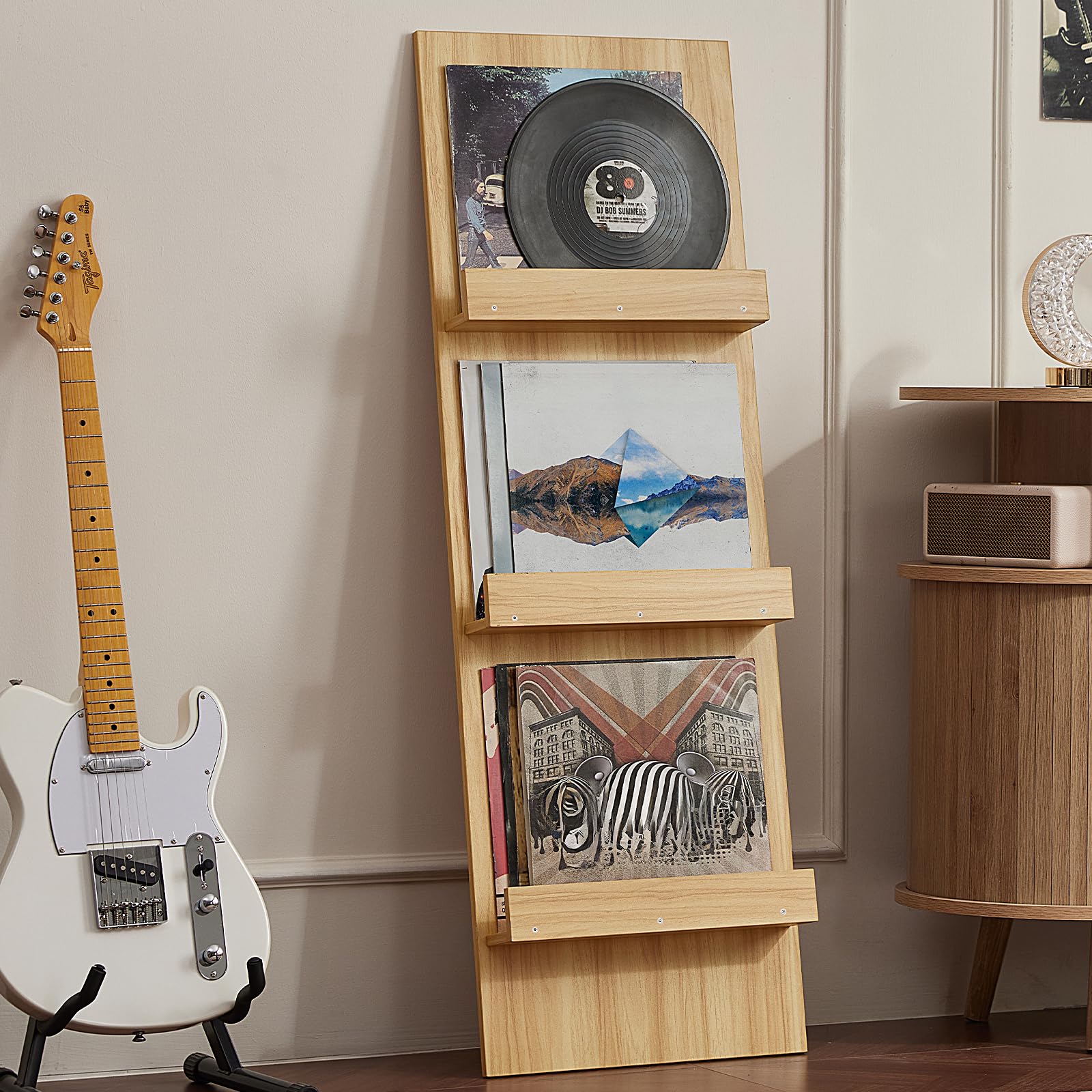 LELELINKY Wall-Leaning Vinyl Record Holder with 3 Tier Display Shelf, 47.5'' Tall Record Storage Magazine Holder, Vinlys Stand Holder Holds Up to 30 Vinyls Albums/CD for Living Room, Brown