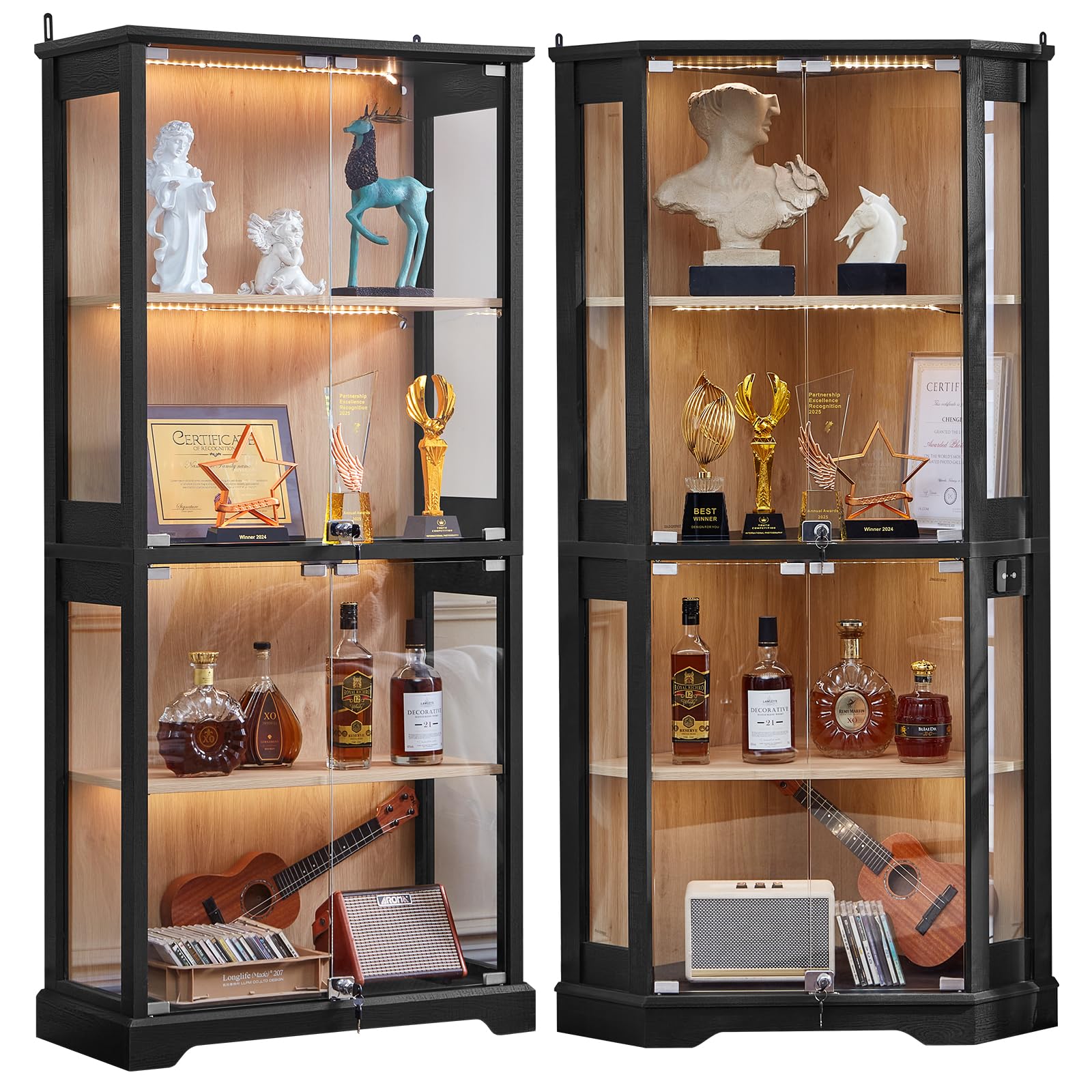 LELELINKY Farmhouse Corner Display Cabinet with Glass Doors, Corner Curio Cabinet with 3-Color LED Motion-Sensor Light, Walnut
