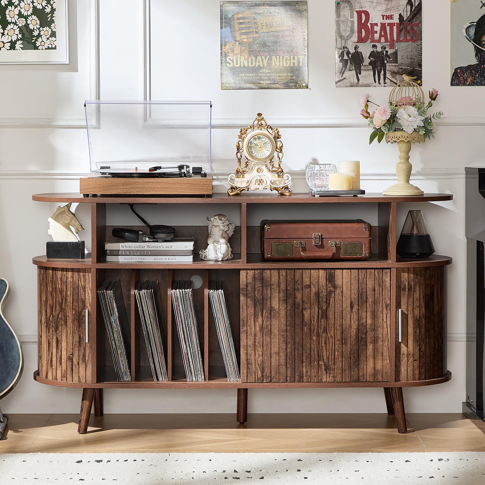LELELINKY Large Round Record Player Stand with Charging Station & Fluted Panel, Blue Mid Century Modern Turntable Cabinet with Vinyl Storage, Arched Wood Record Player Table for Living Room