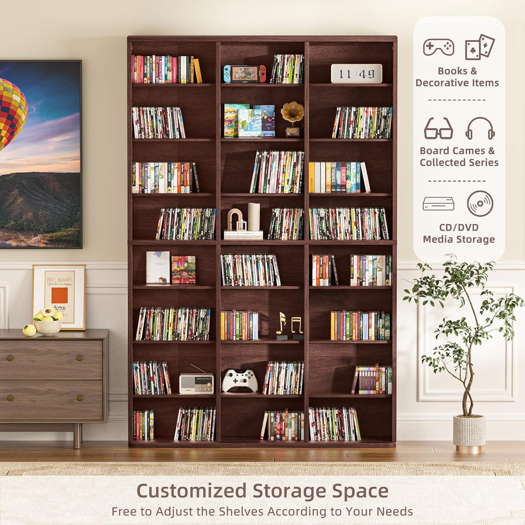 LELELINKY 8 Tier Tall Display Cabinet, Walnut Media Storage Cabinet with Adjustable Shelves, Free Standing DVD Organizer Shelf, Floor Multimedia Storage Manga Bookshelf for Living Room & Home Office.