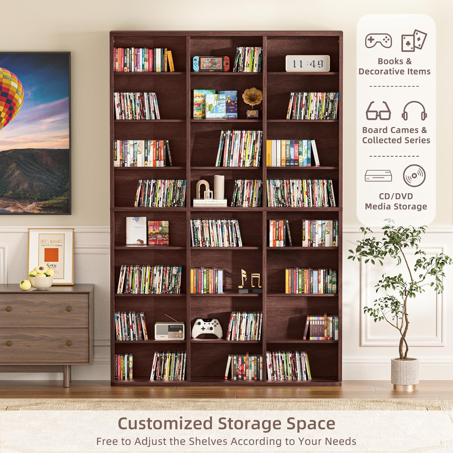 LELELINKY 8 Tier Tall Display Cabinet, Walnut Media Storage Cabinet with Adjustable Shelves, Free Standing DVD Organizer Shelf, Floor Multimedia Storage Manga Bookshelf for Living Room & Home Office.