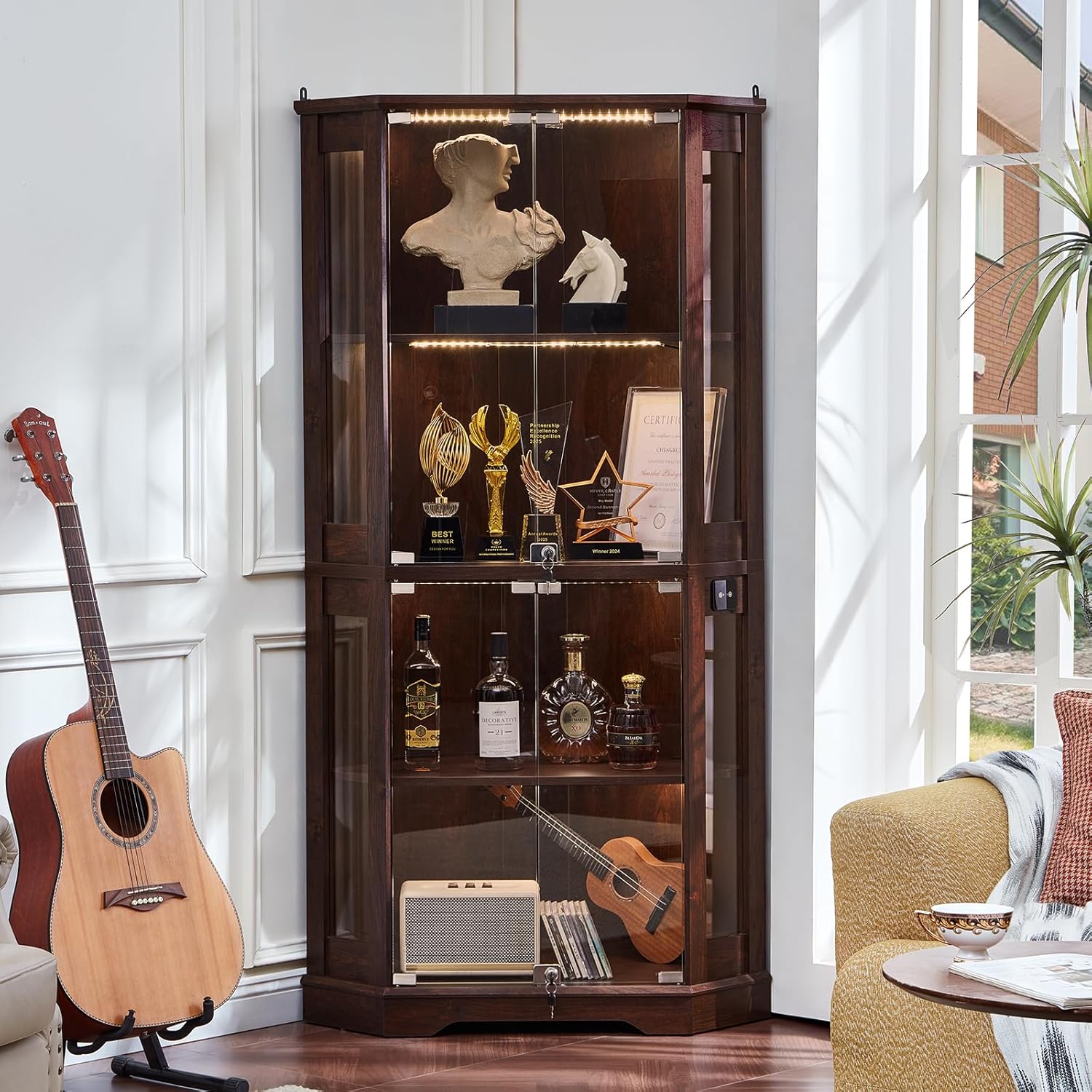 LELELINKY Farmhouse Corner Display Cabinet with Glass Doors, Corner Curio Cabinet with 3-Color LED Motion-Sensor Light, Walnut