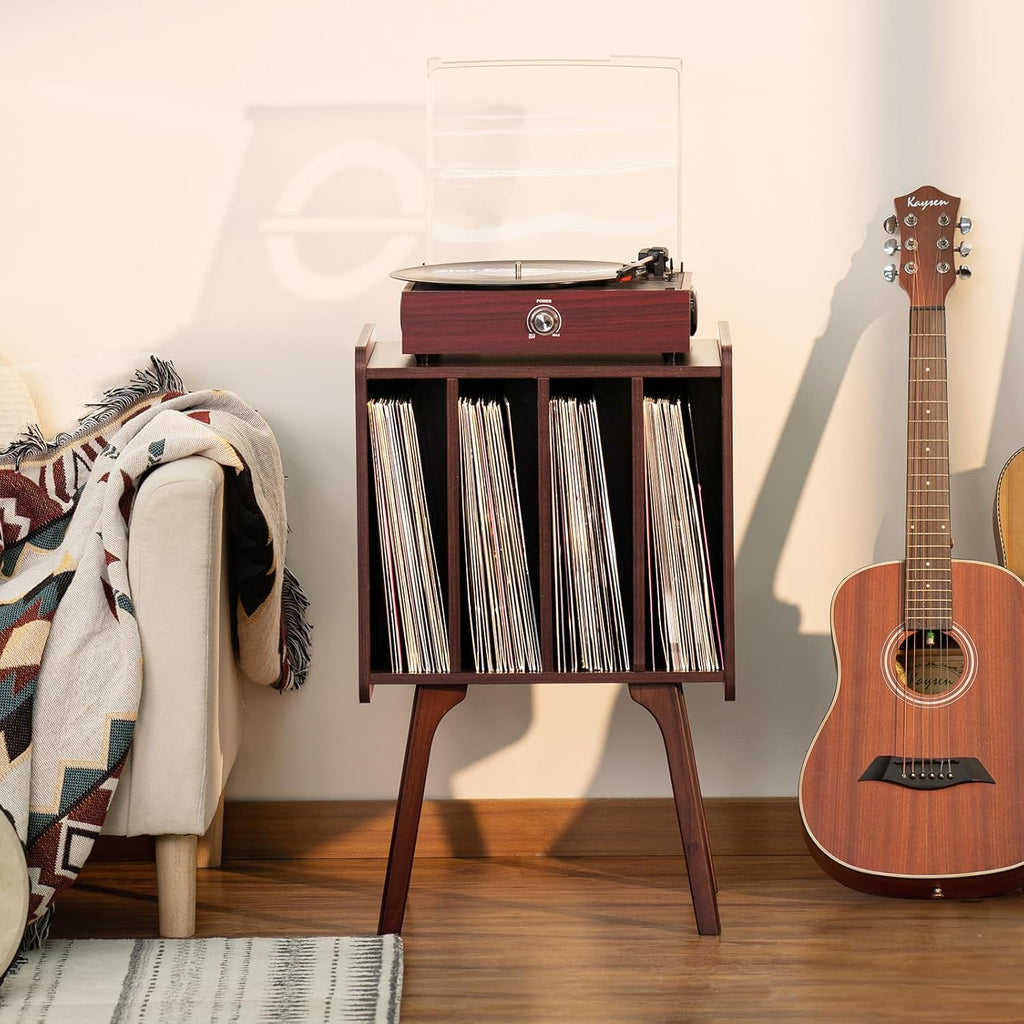 LELELINKY Record Player Stand, Walnut Vinyl Storage Table with 4 Cabinet Up to 100 Albums, Mid-Century Modern Record Holder Wood Legs
