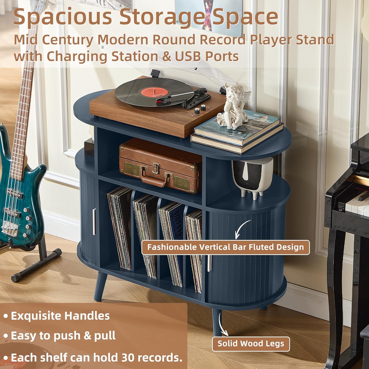 LELELINKY Large Round Record Player Stand with Charging Station & Fluted Display Shelf, Blue Mid Century Modern Turntable Cabinet with Vinyl Storage, Arched Wood Record Player Table for Living Room