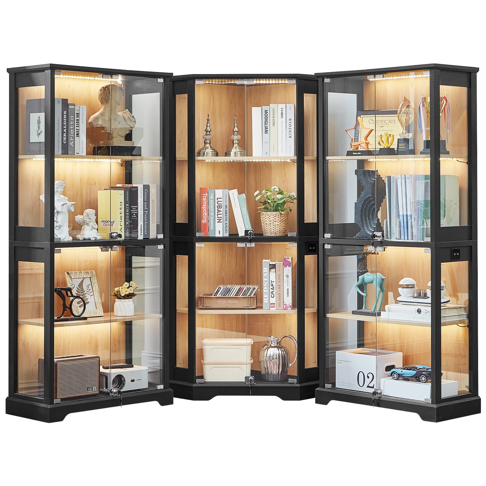 LELELINKY Farmhouse Corner Display Cabinet with Glass Doors, Corner Curio Cabinet with 3-Color LED Motion-Sensor Light, Walnut