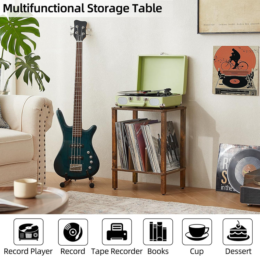 LELELINKY 2-Tier Record Player Stand with Vinyl Record Storage up to 100 Albums, Bedroom Record Holder and Multi-Functional End Table for Living Room, Brown