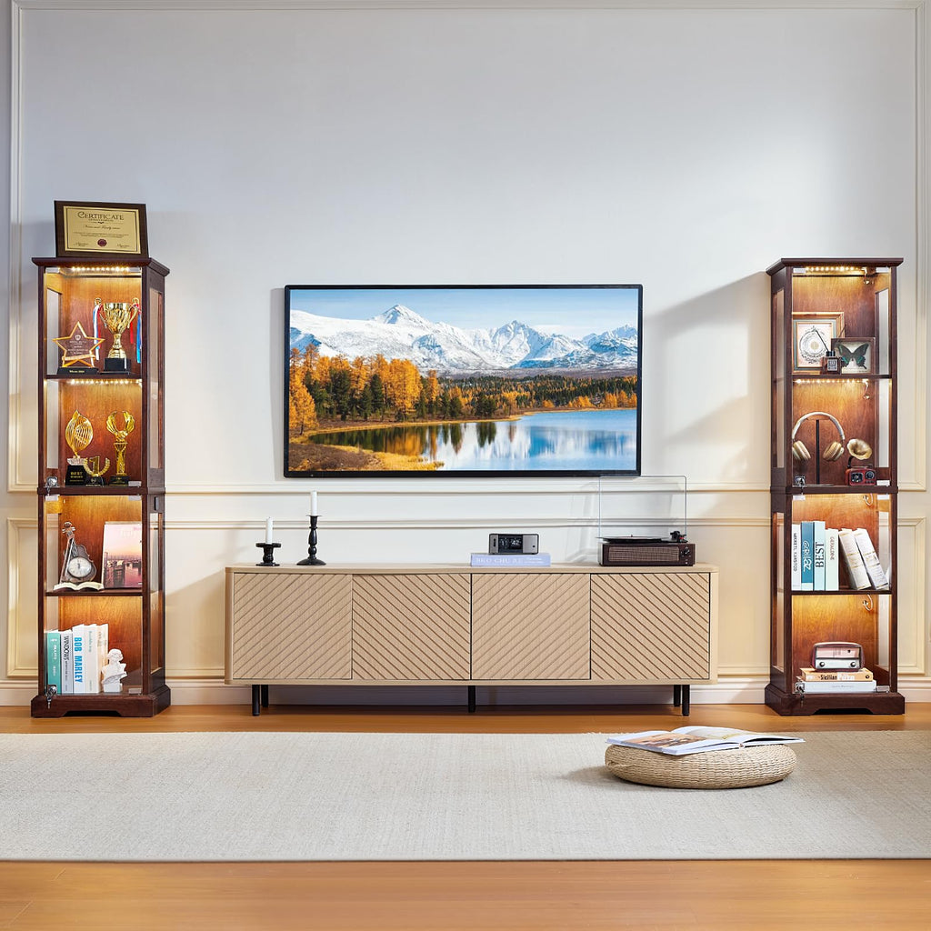LELELINKY Farmhouse Narrow Glass Display Cabinet with Doors & Lock, Walnut