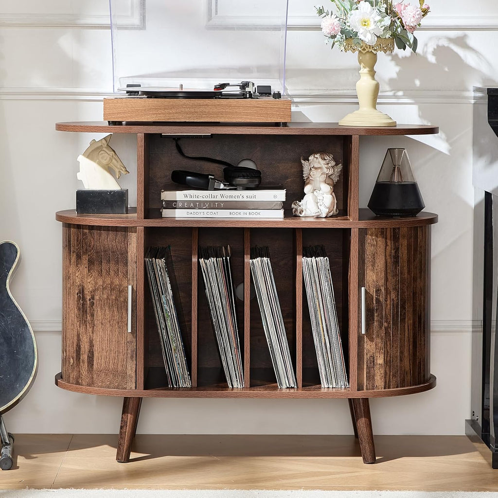 LELELINKY Large Arched Record Player Stand with Charging Station & Fluted Display Shelf,Mid Century Modern Turntable Cabinet with Vinyl Storage,Round Wood Record Player Table for Living Room,Brown