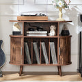 LELELINKY Large Arched Record Player Stand with Charging Station & Fluted Display Shelf,Mid Century Modern Turntable Cabinet with Vinyl Storage,Round Wood Record Player Table for Living Room,Brown
