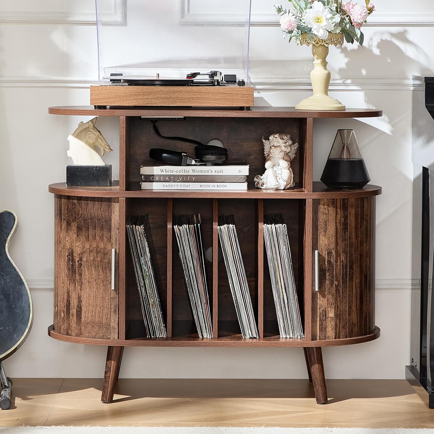 LELELINKY Large Arched Record Player Stand with Charging Station & Fluted Display Shelf,Mid Century Modern Turntable Cabinet with Vinyl Storage,Round Wood Record Player Table for Living Room,Brown