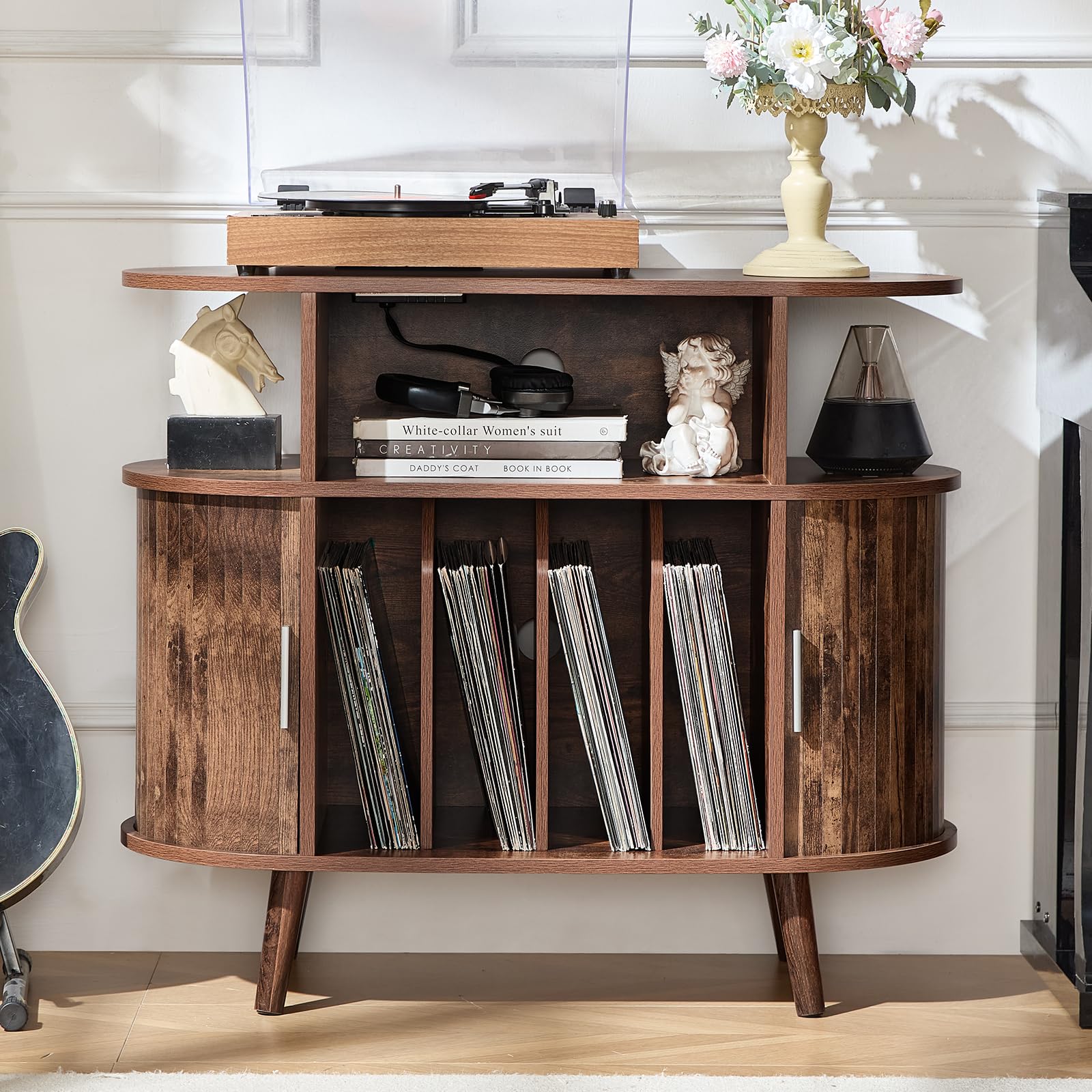 LELELINKY Large Round Record Player Stand with Charging Station & Fluted Display Shelf, Black Mid Century Modern Turntable Cabinet with Vinyl Storage, Arched Wood Record Player Table for Living Room
