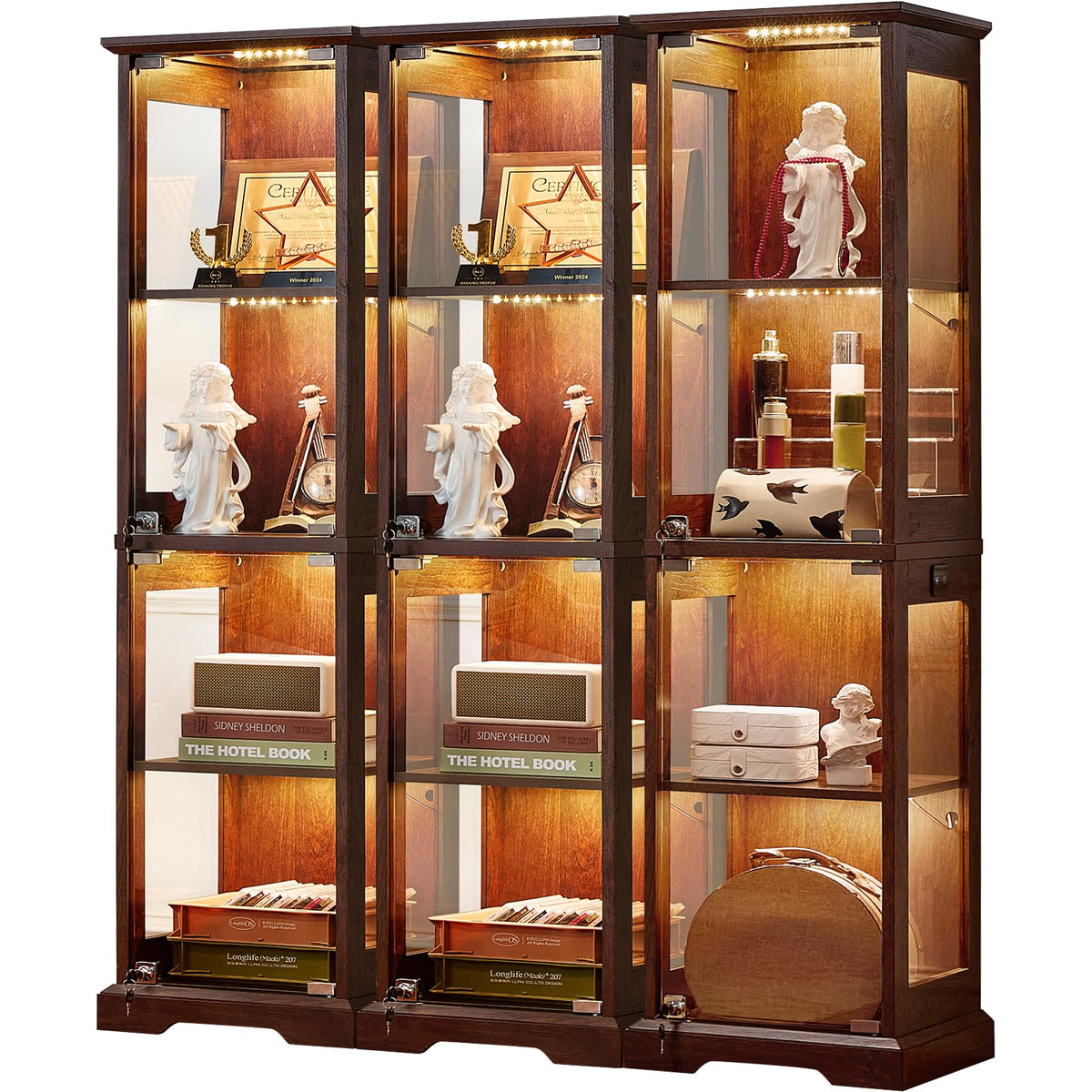 LELELINKY Farmhouse Narrow Glass Display Cabinet with Doors & Lock, Walnut