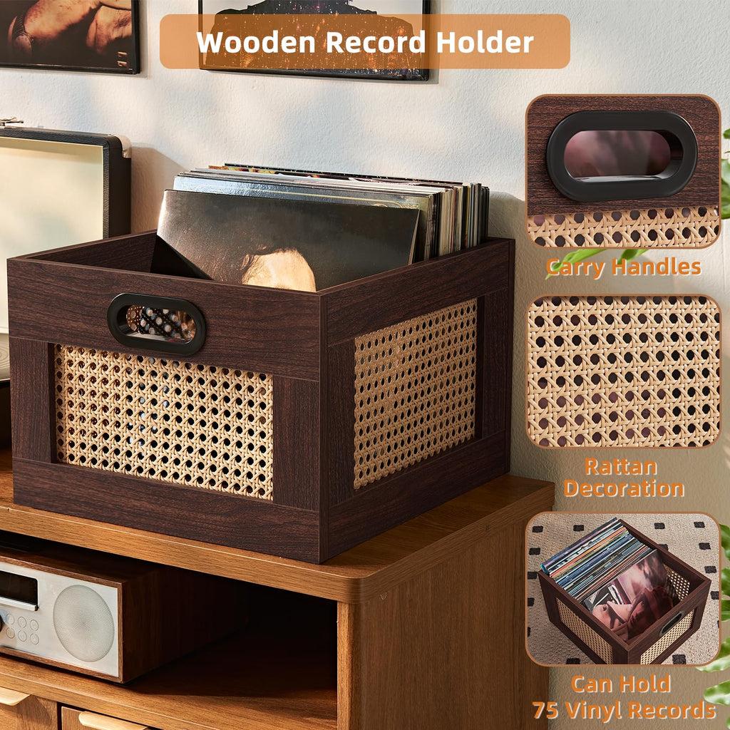 LELELINKY 2 Pack Vinyl Record Storage Crates, Rattan Vinyl Record Holder