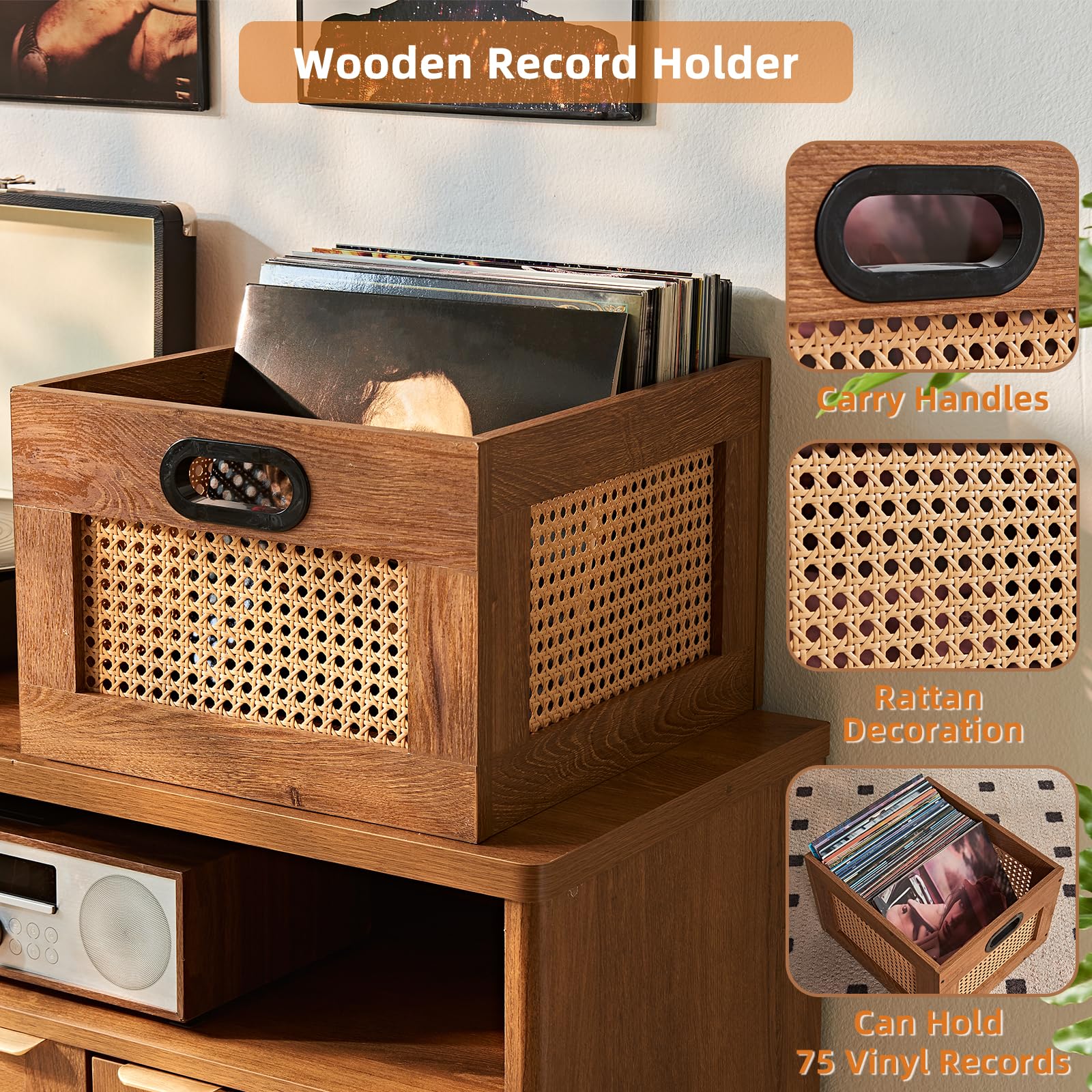 LELELINKY 2 Pack Vinyl Record Storage Crates, Rattan Vinyl Record Holder