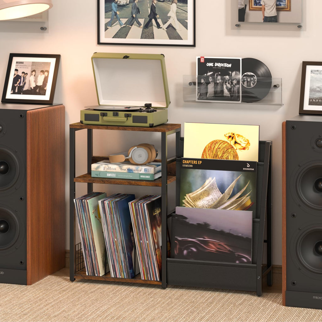 LELELINKY Record Player Stand, Black Adjustable Guitar Stand for Acoustic Guitar, Electric Guitar, Bass, Turntable Stand with Vinyl Display Shelf Storage Up to 150 Albums, End Table for Music Room