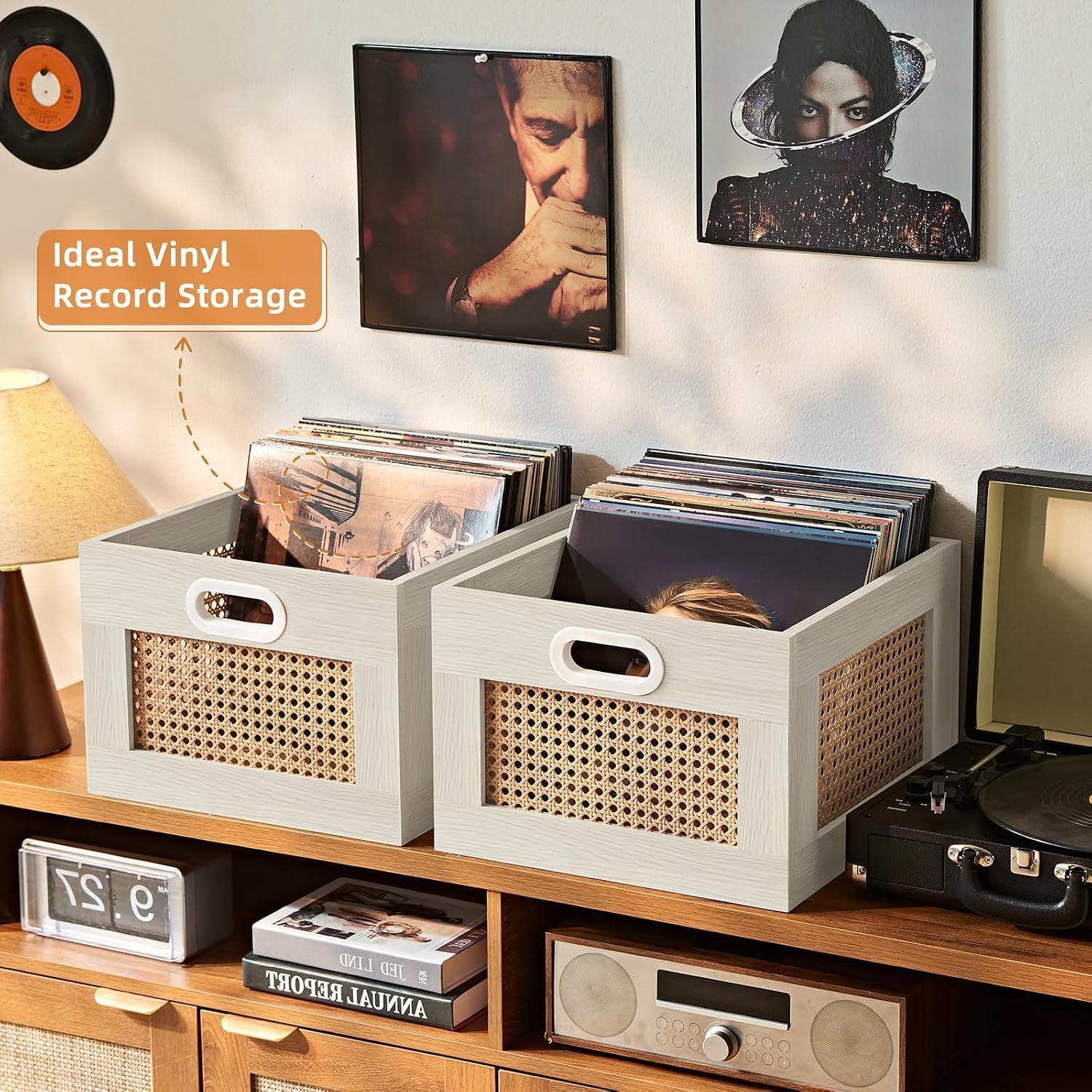 LELELINKY 2 Pack Vinyl Record Storage Crates, Rattan Vinyl Record Holder