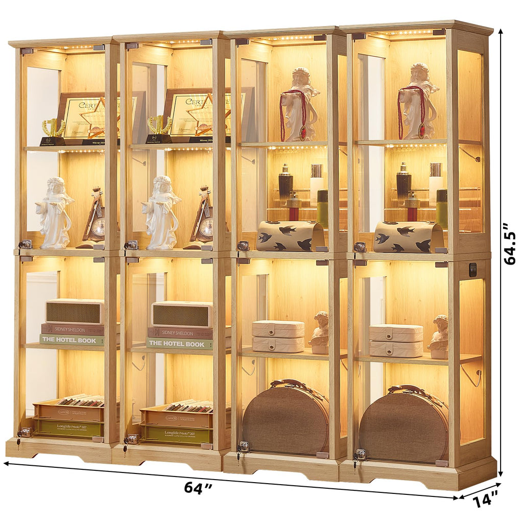 LELELINKY Farmhouse Narrow Glass Display Cabinet with Doors & Lock, Walnut