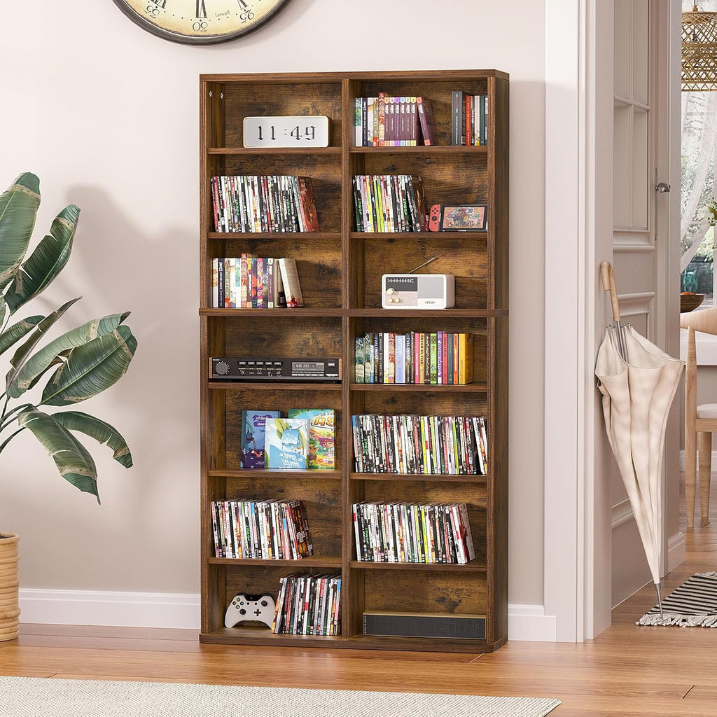 LELELINKY 7 Tier Tall Display Cabinet, Brown Media Storage Cabinet with Adjustable Shelves, Free Standing DVD Organizer Shelf, Floor Multimedia Storage Manga Bookshelf for Living Room & Home Office.