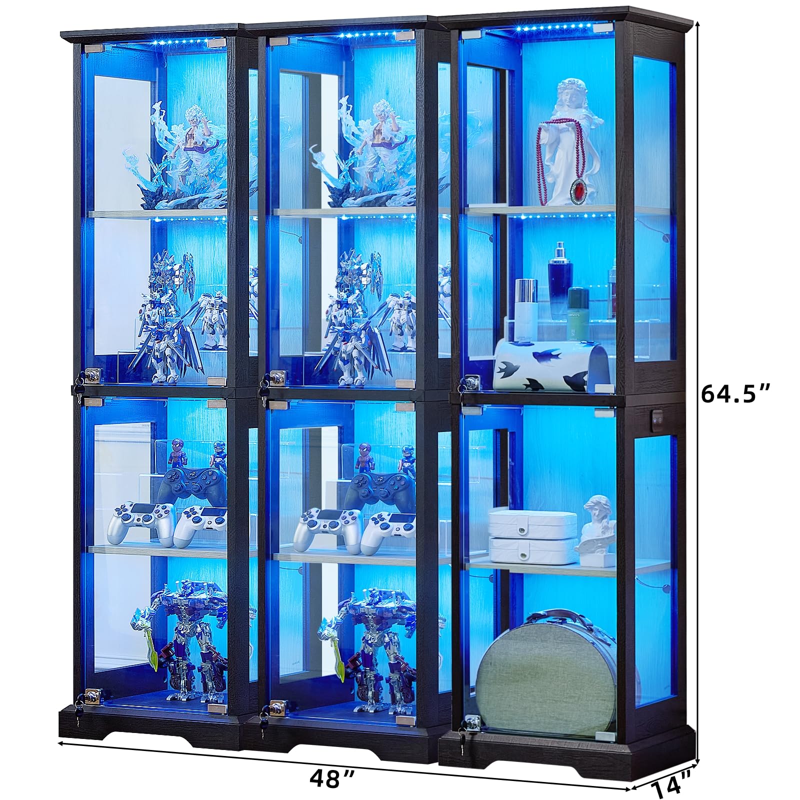LELELINKY Farmhouse Narrow Glass Display Cabinet with Doors & Lock, Walnut