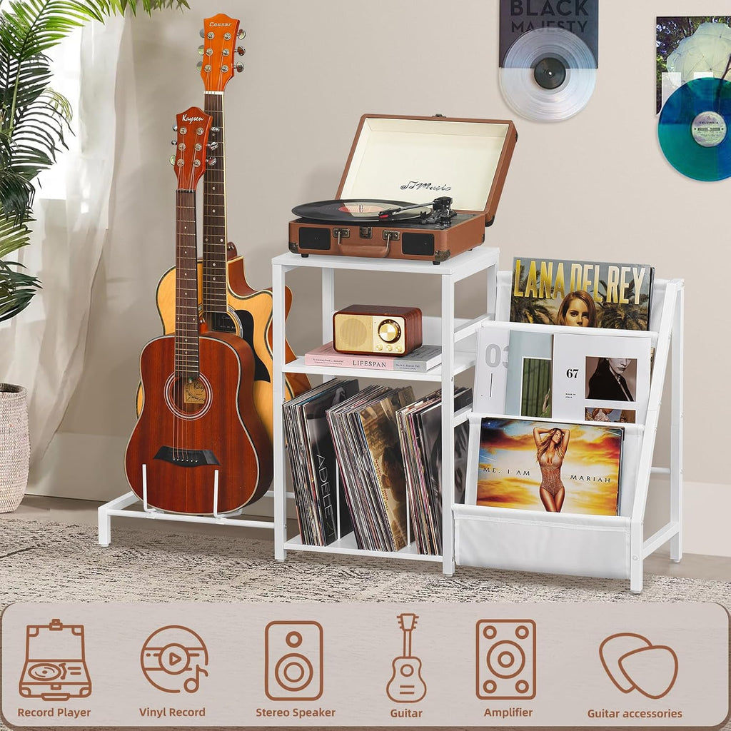 LELELINKY Record Player Stand, Black Adjustable Guitar Stand for Acoustic Guitar, Electric Guitar, Bass, Turntable Stand with Vinyl Display Shelf Storage Up to 150 Albums, End Table for Music Room