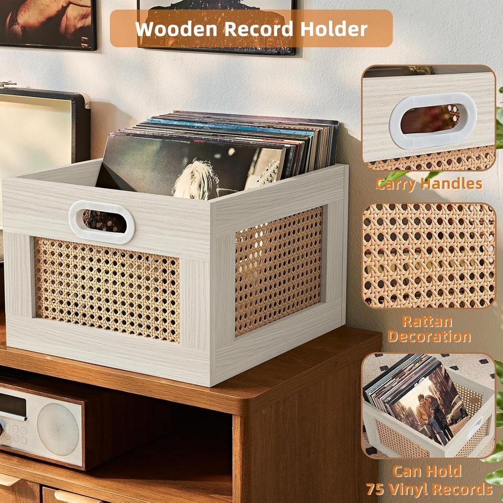 LELELINKY 2 Pack Vinyl Record Storage Crates, Rattan Vinyl Record Holder