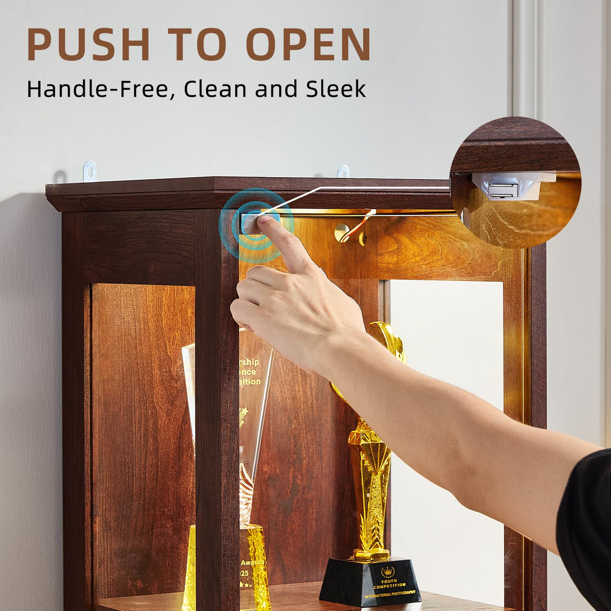 LELELINKY Farmhouse Narrow Glass Display Cabinet with Doors & Lock, Walnut