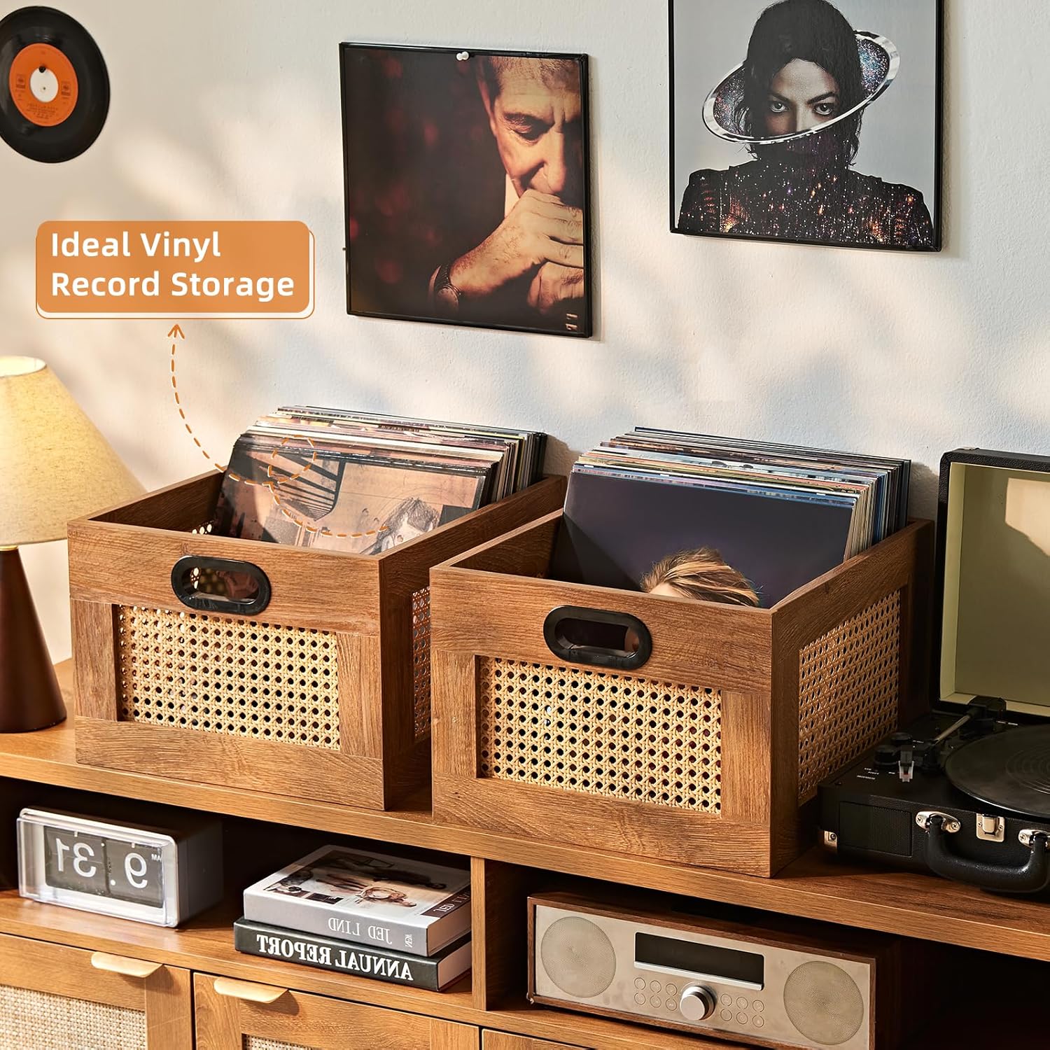 LELELINKY Vinyl Record Storage Crate, Rattan Vinyl Record Holder with Handle, Wood Record Crate for Vinyls Holder up to 75 LP's, Desktop Cube Album Storage for Vinyls Records(Tea Brown)