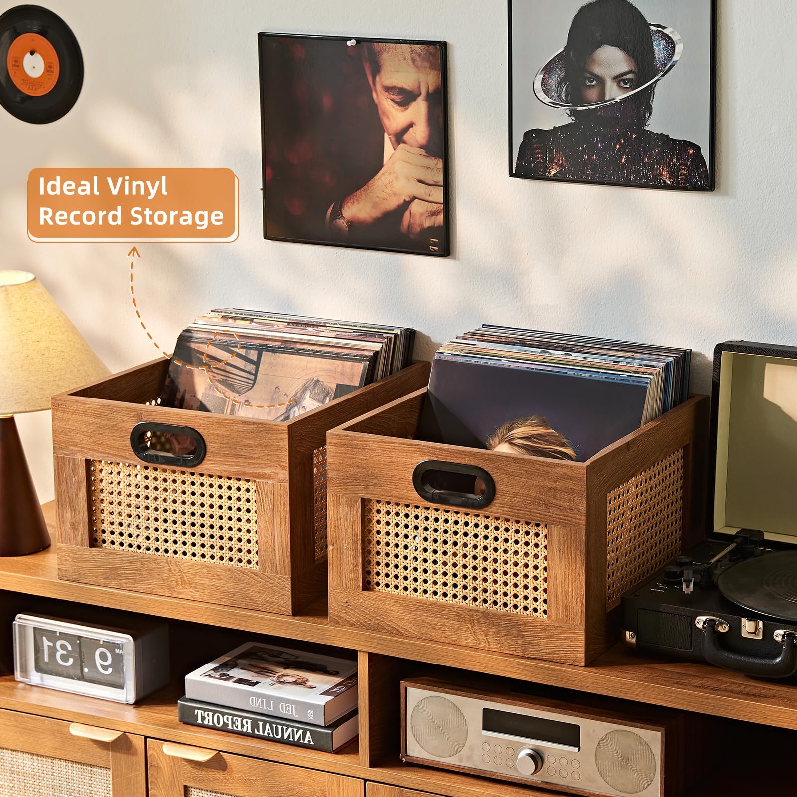 LELELINKY 2 Pack Vinyl Record Storage Crates, Rattan Vinyl Record Holder