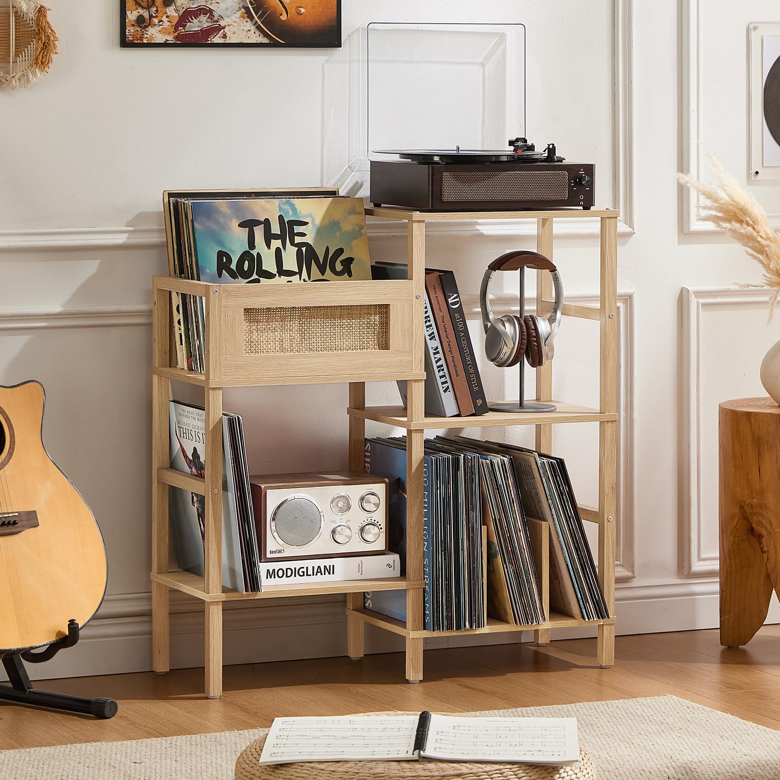 LELELINKY Record Player Stand, Vintage Walnut Wood Record Holder with Vinyl Storage Holds up to 300+ Albums, 3-Tier Rattan Media Table with Vinyl Display Shelf, Record Storage Cabinet for Living Room