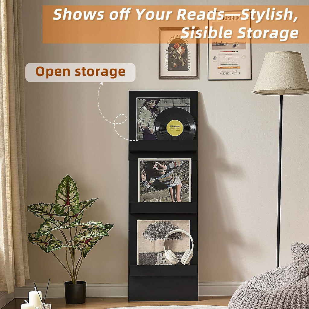 LELELINKY Wall Mount Vinyl Record Holder with 3 Tier Display Area, 47.5'' Tall Record Storage Magazine Holder, Book Shelf Holder Holds Up to 15 Vinyls Albums/CD for Music Room, Living Room, Black
