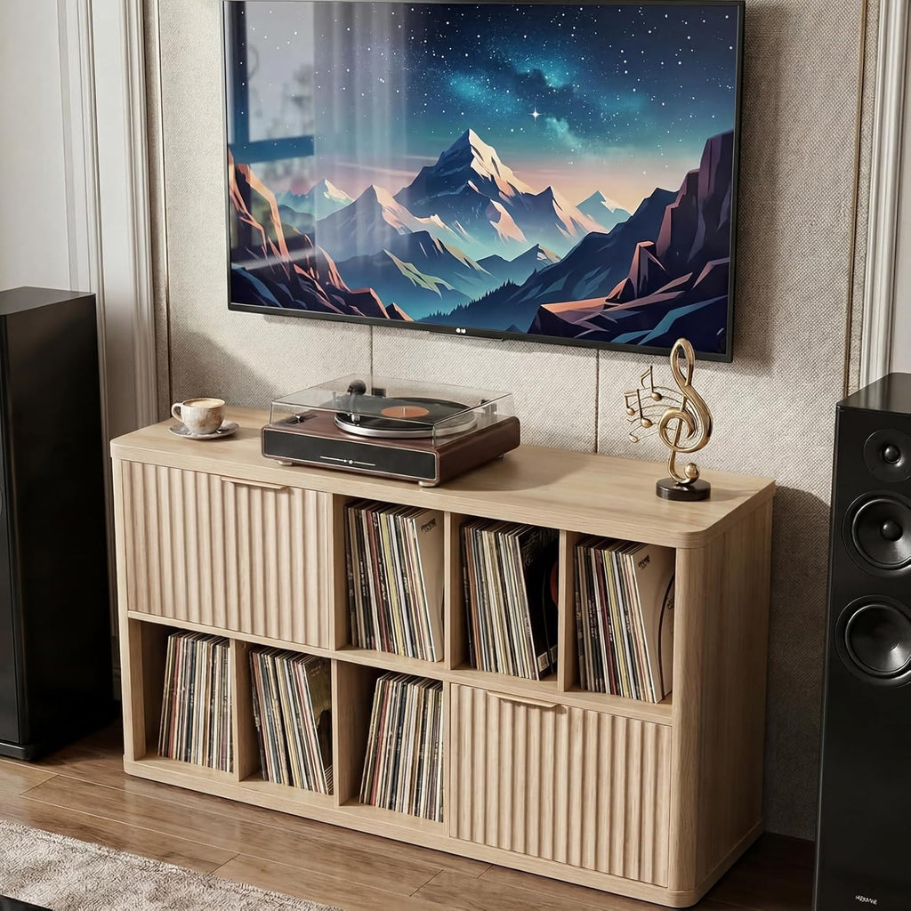 LELELINKY Large Record Player Stand - 39.5" Record Cabinet with Open Vinyl Storage Holds up to 400 Albums, Modern Vinyl Player Table with Fluted Doors, Turntable Stand for Living Room, Natural Oak