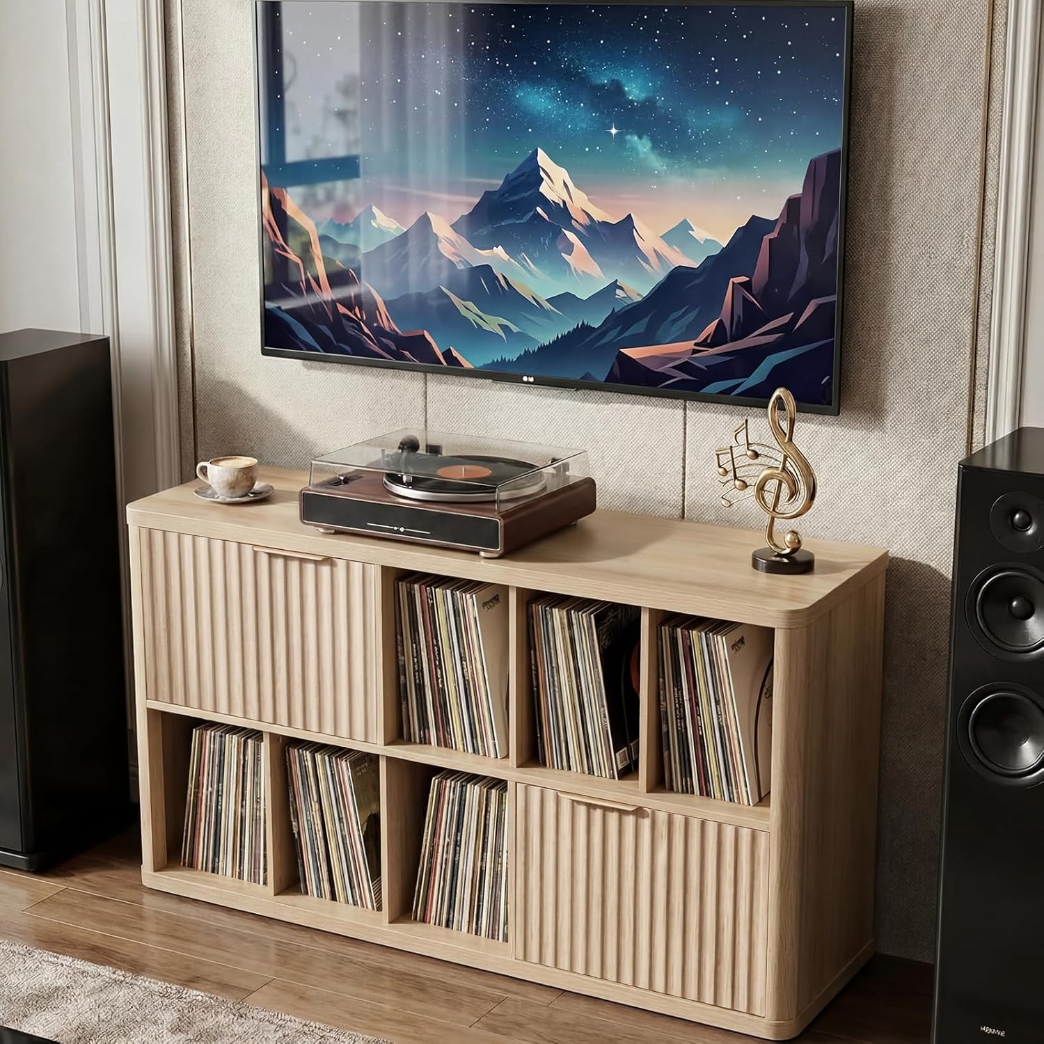 LELELINKY Large Record Player Stand - 39.5" Record Cabinet with Open Vinyl Storage Holds up to 400 Albums, Modern Vinyl Player Table with Fluted Doors, Turntable Stand for Living Room, Natural Oak