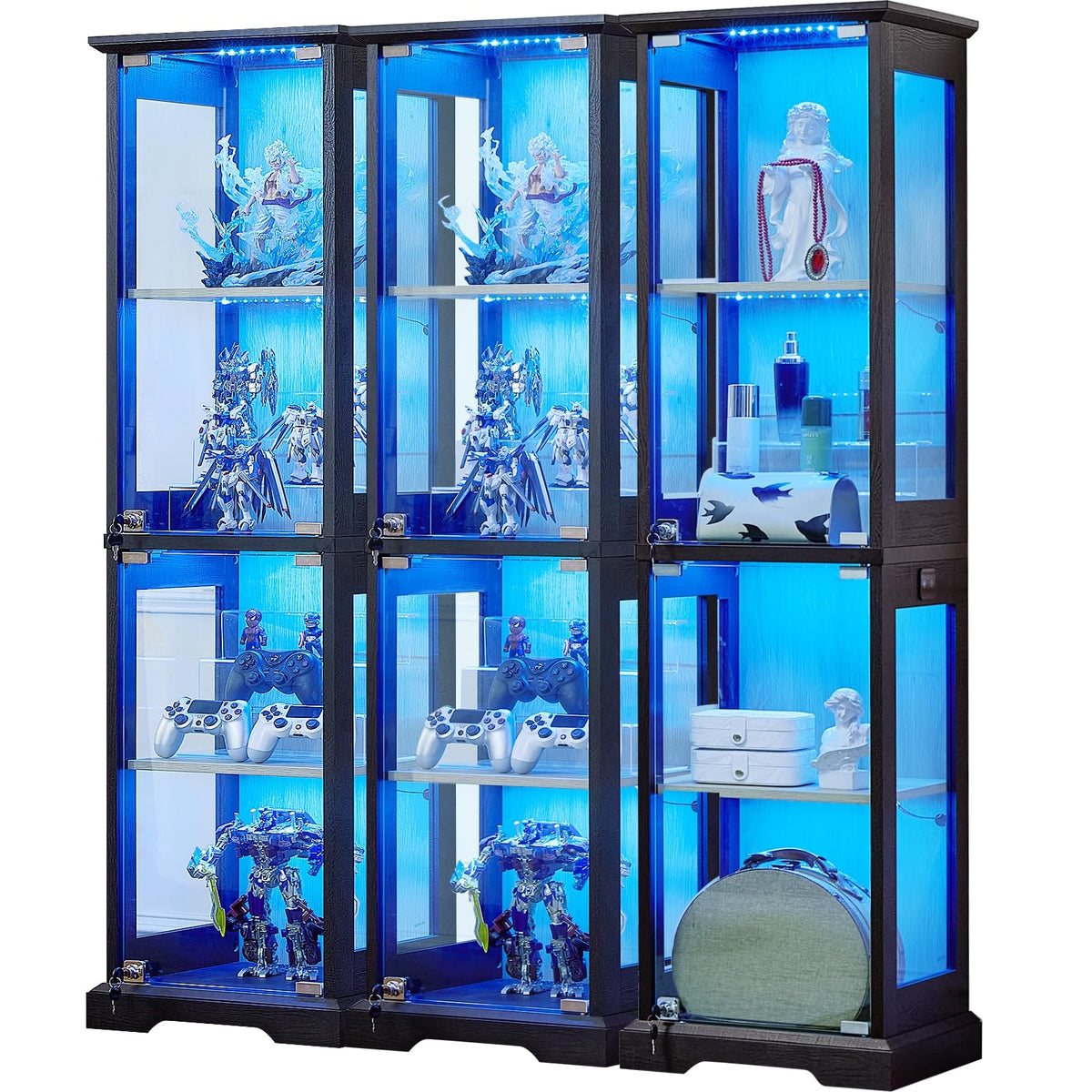 LELELINKY Farmhouse Narrow Glass Display Cabinet with Doors & Lock, Walnut
