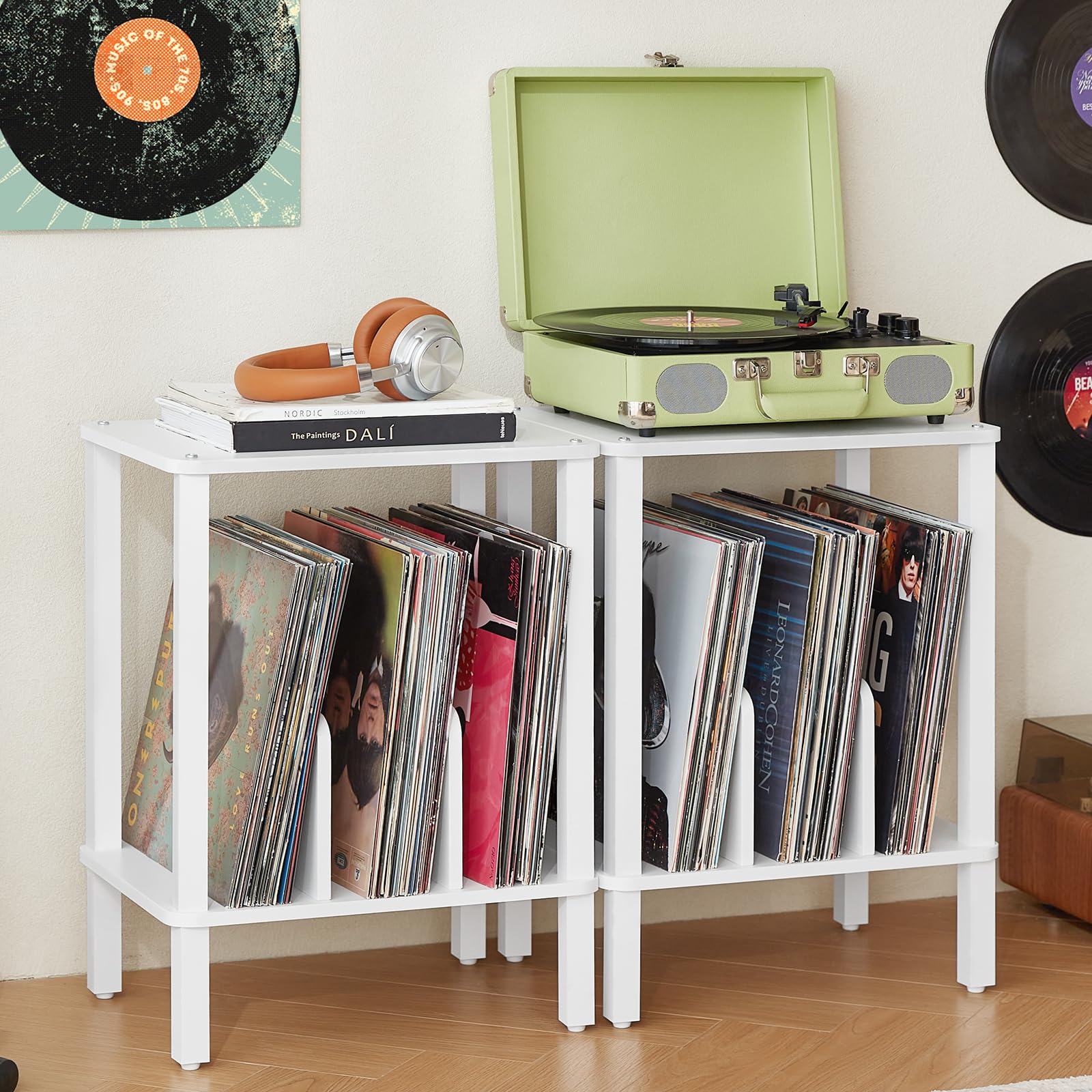LELELINKY 2-Tier Record Player Stand with Vinyl Record Storage up to 100 Albums, Bedroom Record Holder and Multi-Functional End Table for Living Room, Brown