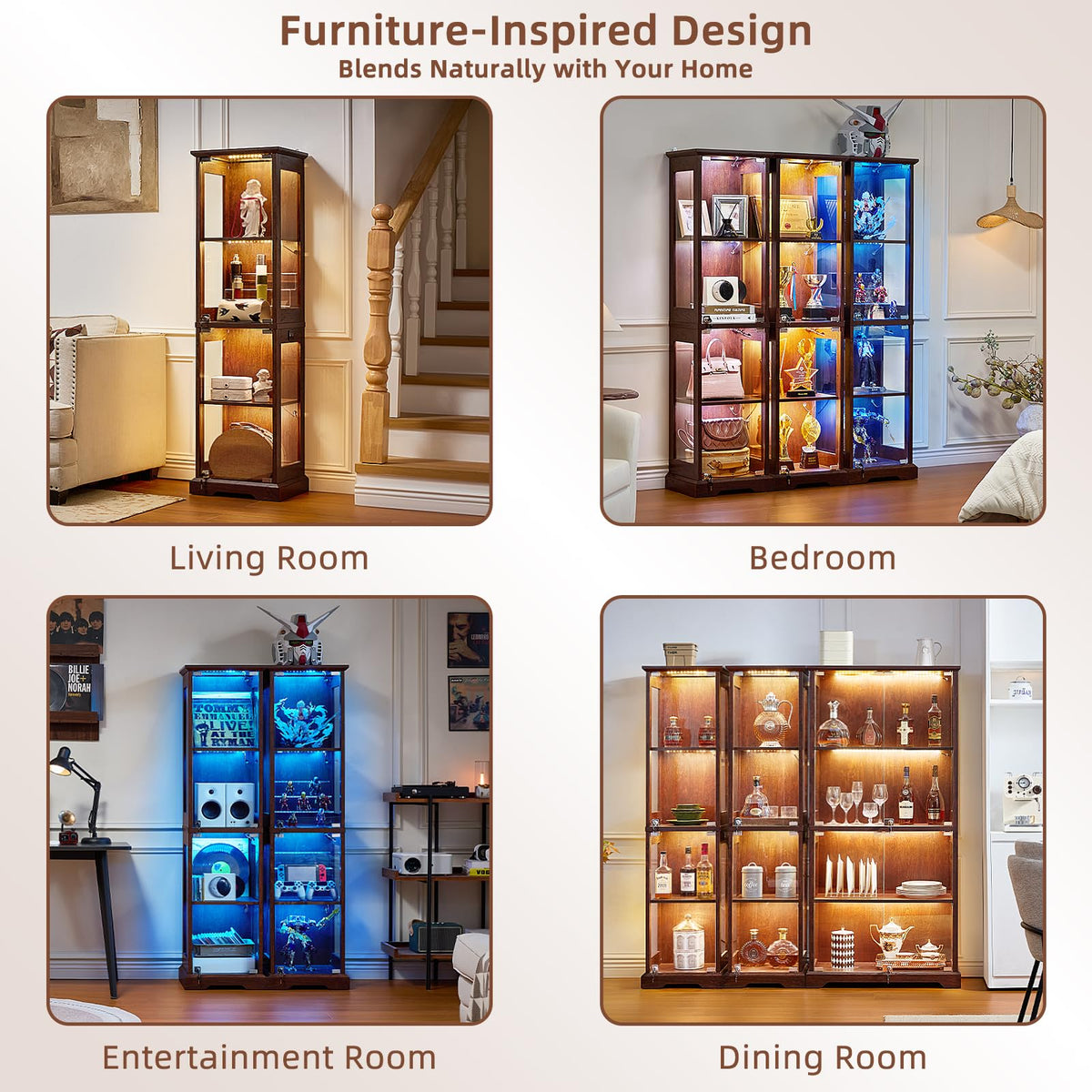 LELELINKY Farmhouse Narrow Glass Display Cabinet with Doors & Lock, Walnut
