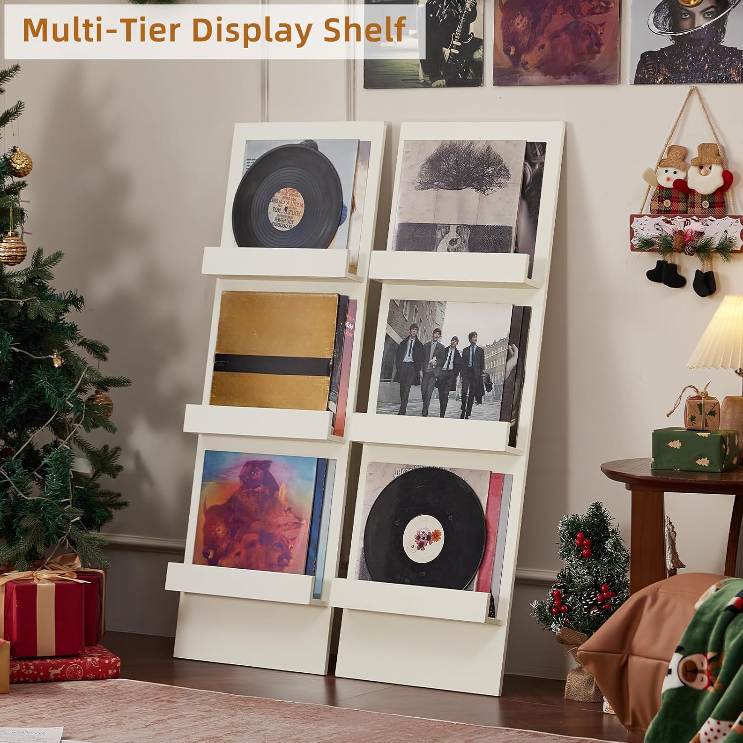 LELELINKY Wall Mount Vinyl Record Holder with 3 Tier Display Area, 47.5'' Tall Record Storage Magazine Holder, Book Shelf Holder Holds Up to 15 Vinyls Albums/CD for Living Room, Concert Hall, White