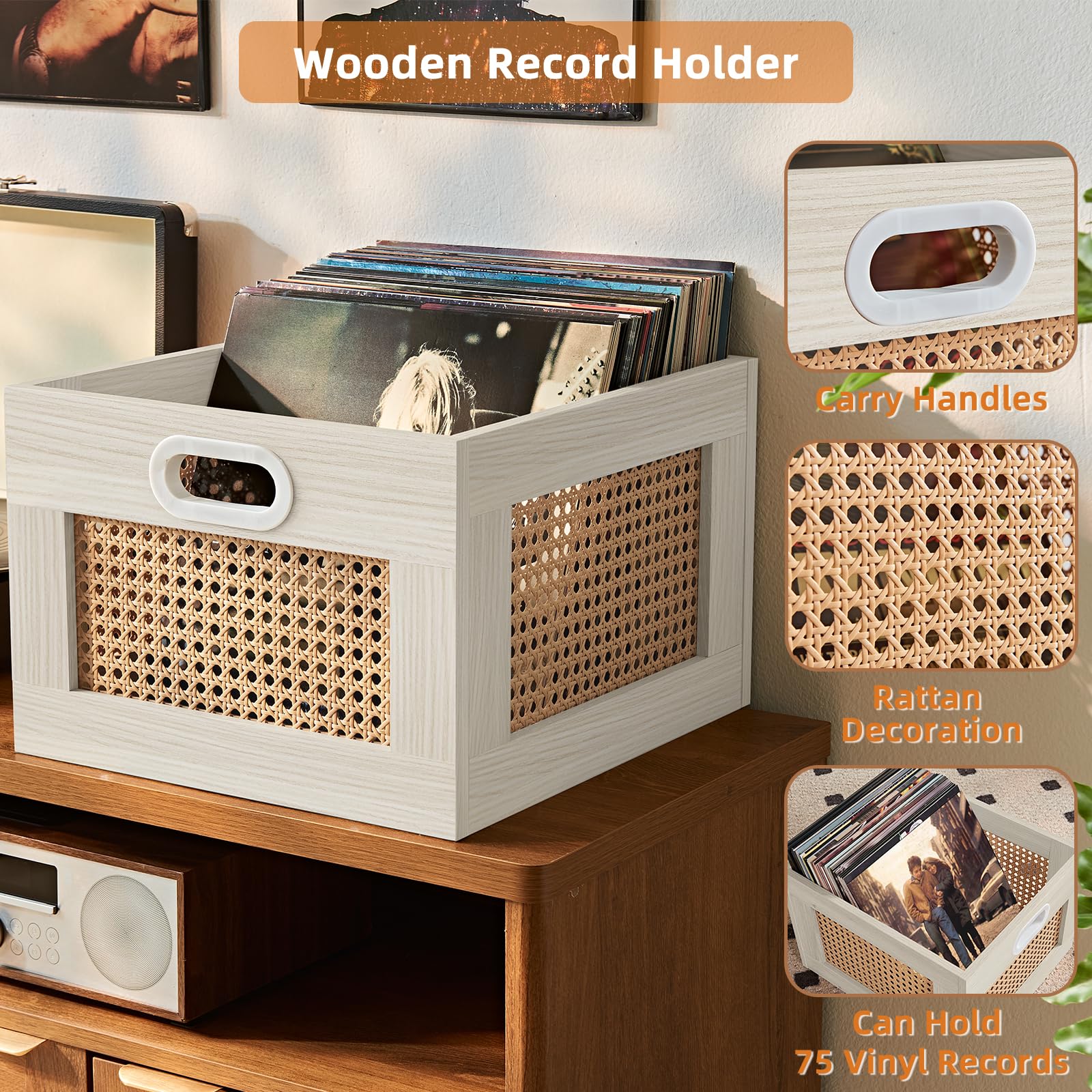 LELELINKY 2 Pack Vinyl Record Storage Crates, Rattan Vinyl Record Holder
