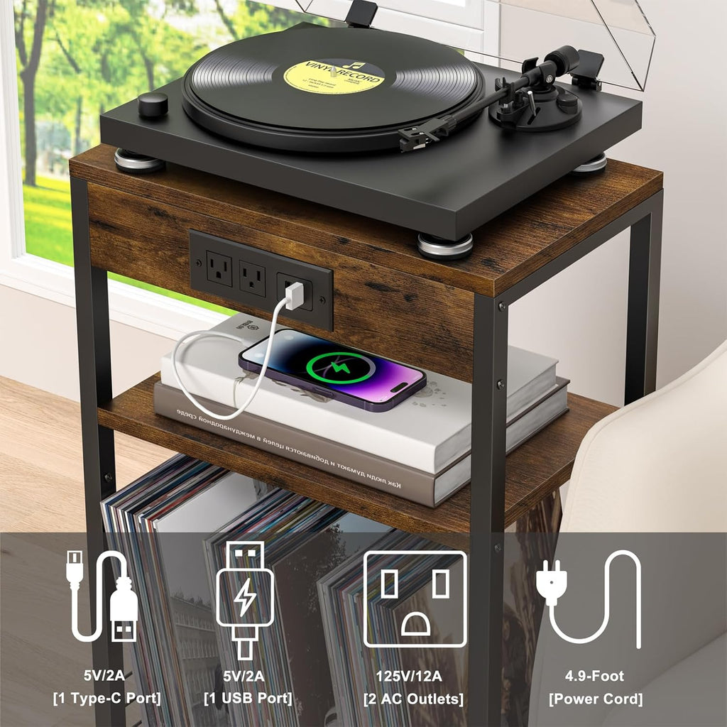 LELELINKY Brown Record Player Stand with Charging Station