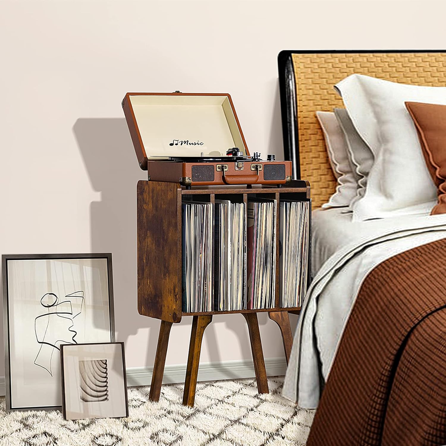 LELELINKY Small Record Player Stand - Width 11.7 in, Brown Vinyl Record Storage Table with 4 Cabinet Up to 80 Albums, Vinyl Holder with Wood Legs,Turntable Stand Display Shelf for Bedroom Living Room