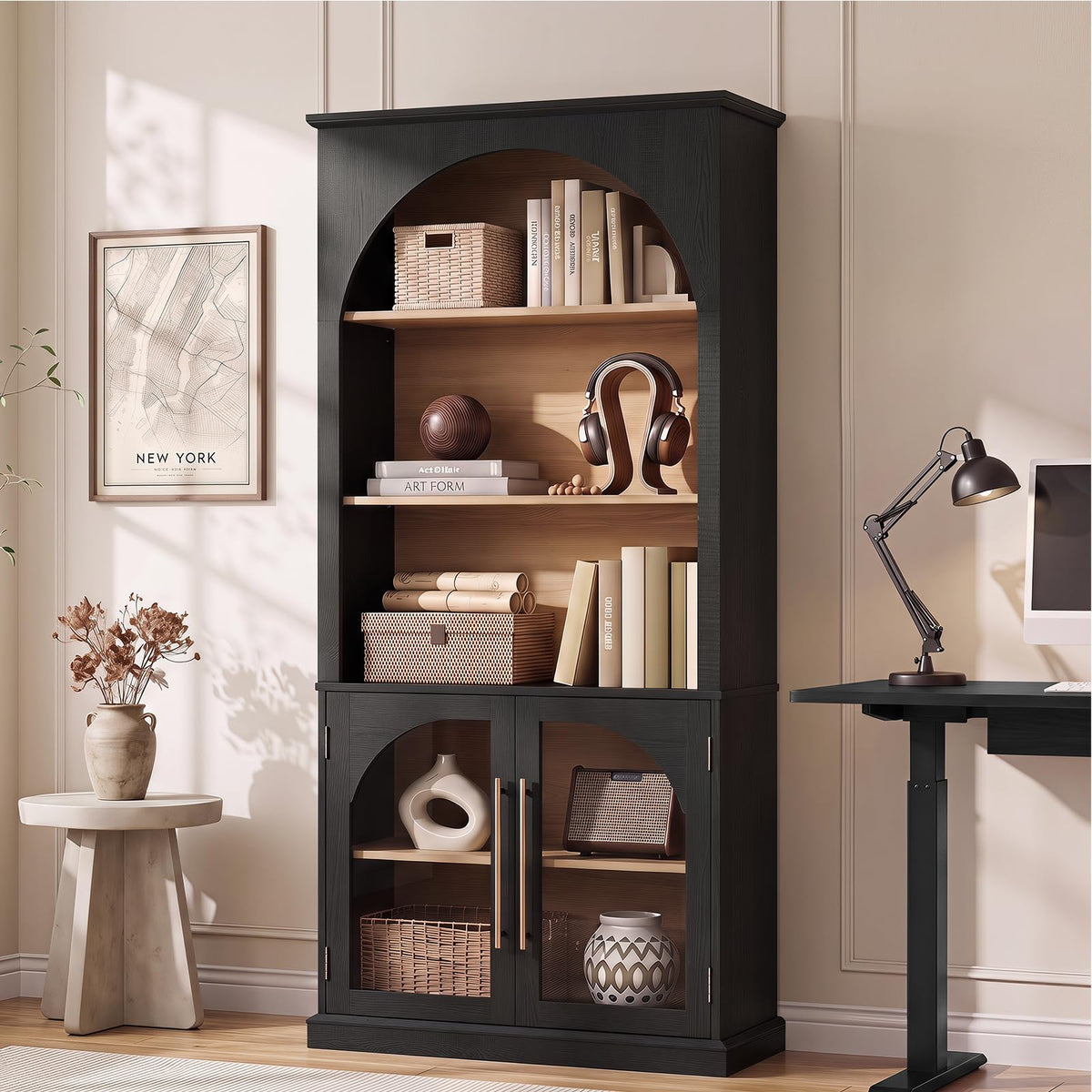 LELELINKY Arched Bookshelf with Tempered Glass Doors, 67" Tall Bookcase