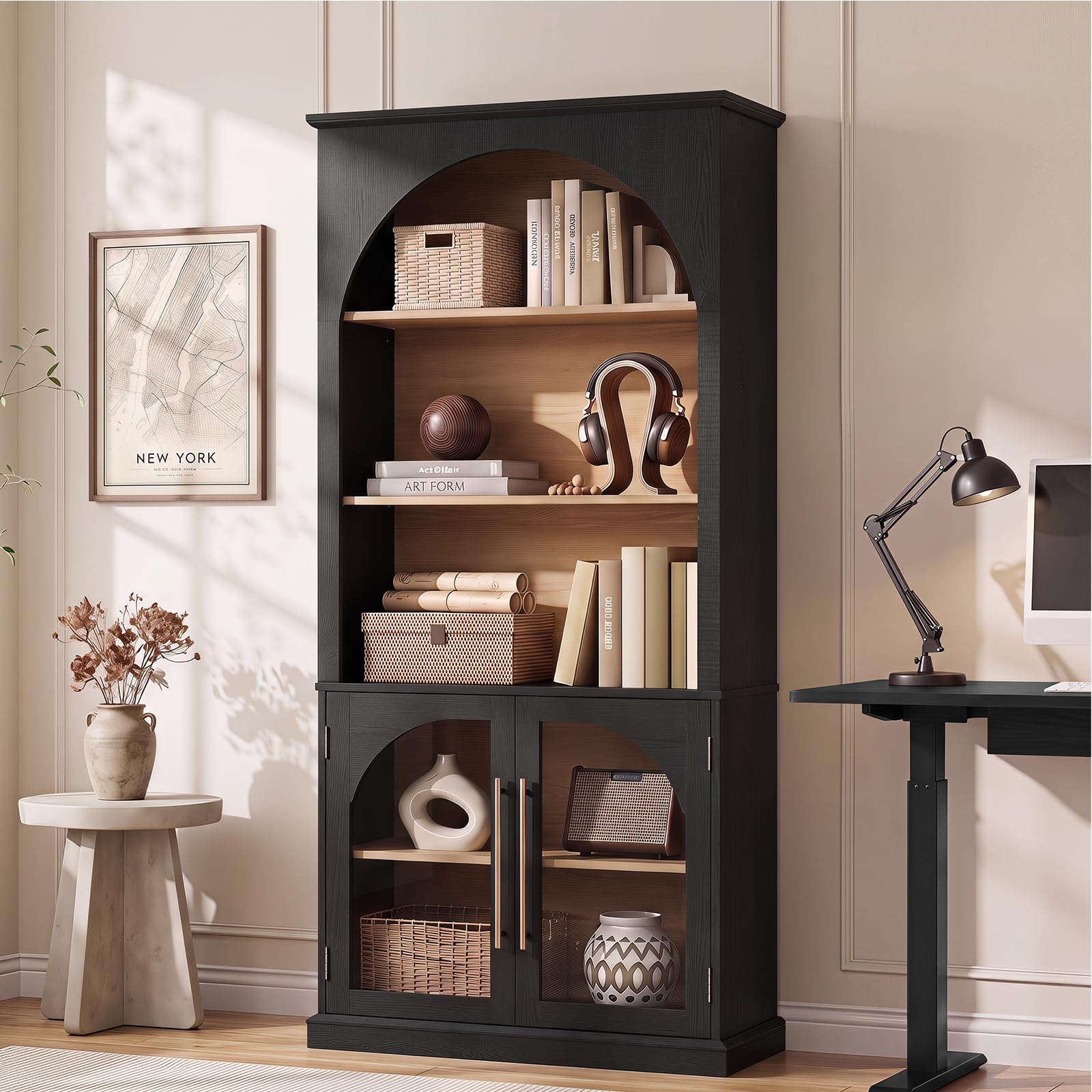 LELELINKY Arched Bookshelf with Tempered Glass Doors, 67" Tall Bookcase