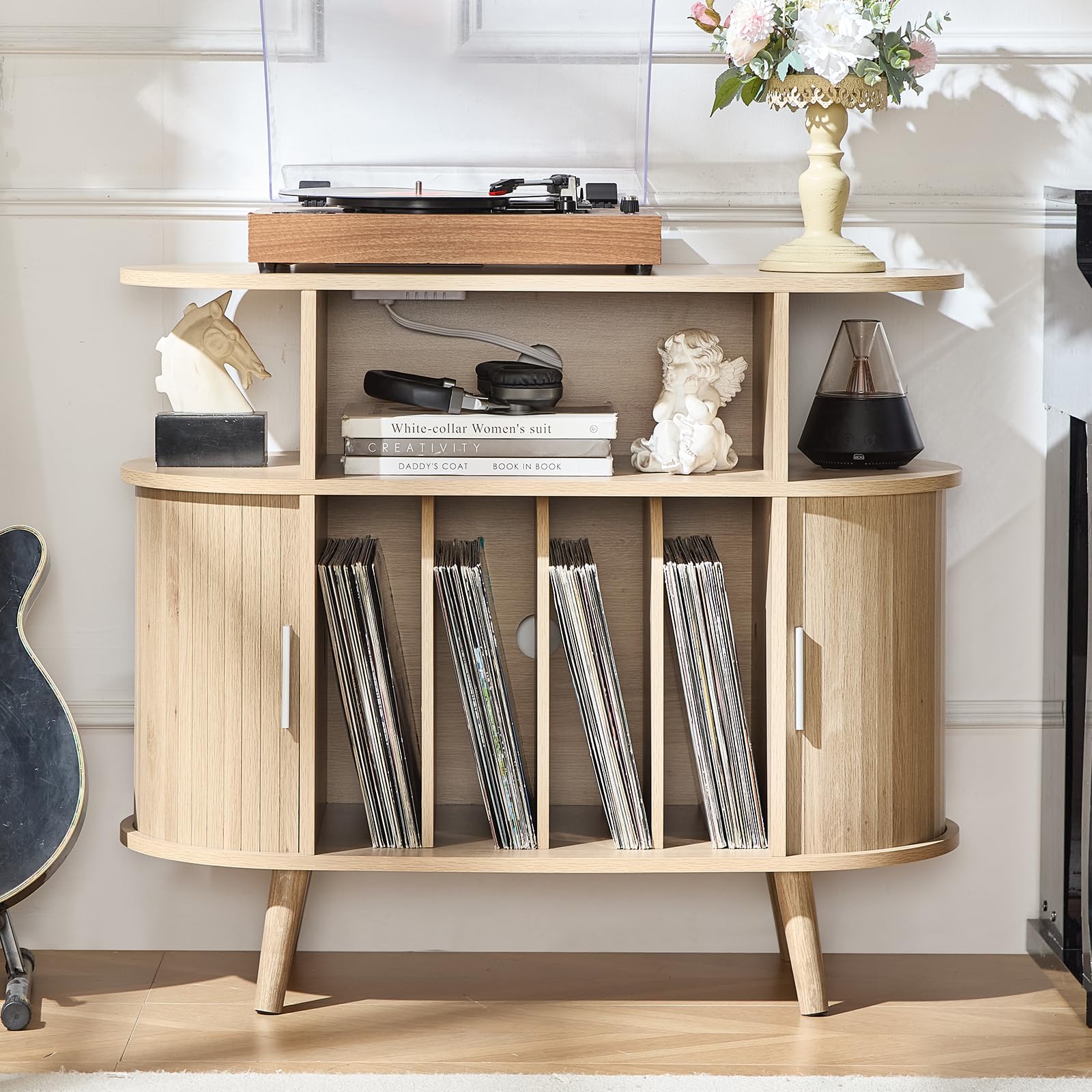 LELELINKY Large Round Record Player Stand with Charging Station & Fluted Panel, Blue Mid Century Modern Turntable Cabinet with Vinyl Storage, Arched Wood Record Player Table for Living Room