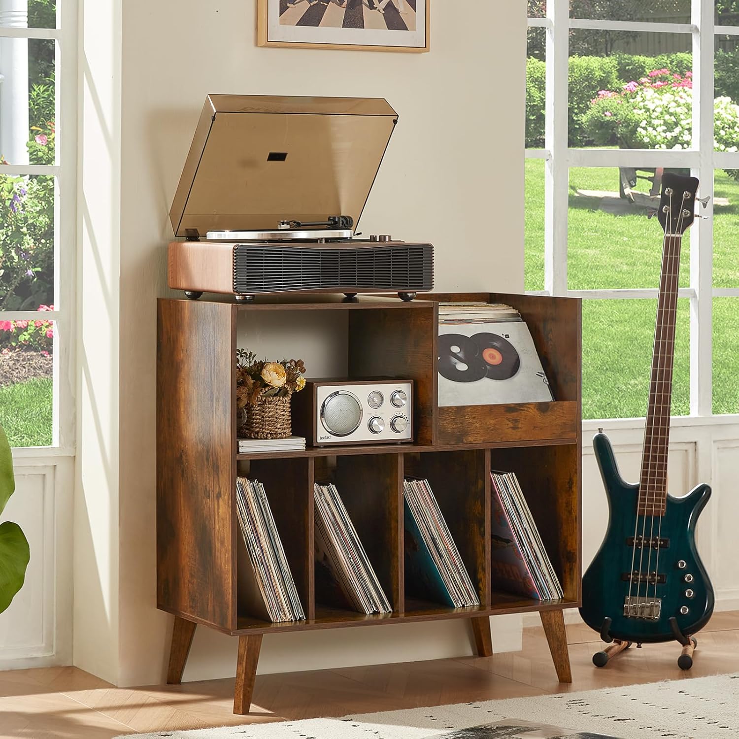 LELELINKY Large Record Player Stand, Turntable Stand with Storage, Vinyl Record Holder with Display Area, Record Player Table Holds Up to 300 Albums, Record Stand for Music Room Living Room-Brown